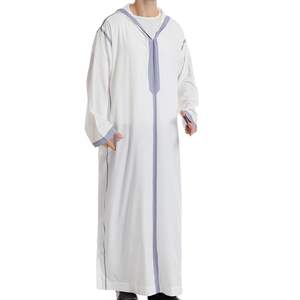 Thobe Musulmán Blanco para Hombre con Detalles en Azul Claro, Manga Larga, Jubba Islámica, Kandura, Dishdasha, Ropa Tradicional Árabe de Verano - Product Image 4