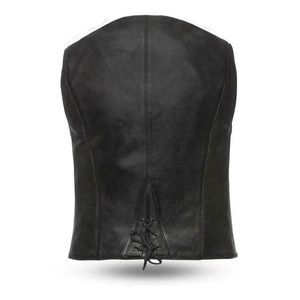 Gilet moto en cuir véritable pour femme, col en V, fermeture éclair, couleur unie, vêtement d'extérieur pour l'automne - Product Image 2