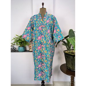 Kimono de Lujo Estilo Boho Indio, Vestido de Verano de Algodón Puro, Estampado a Mano con Diseño Floral Azul Agua, Azul Marino 1 - Product Image 1