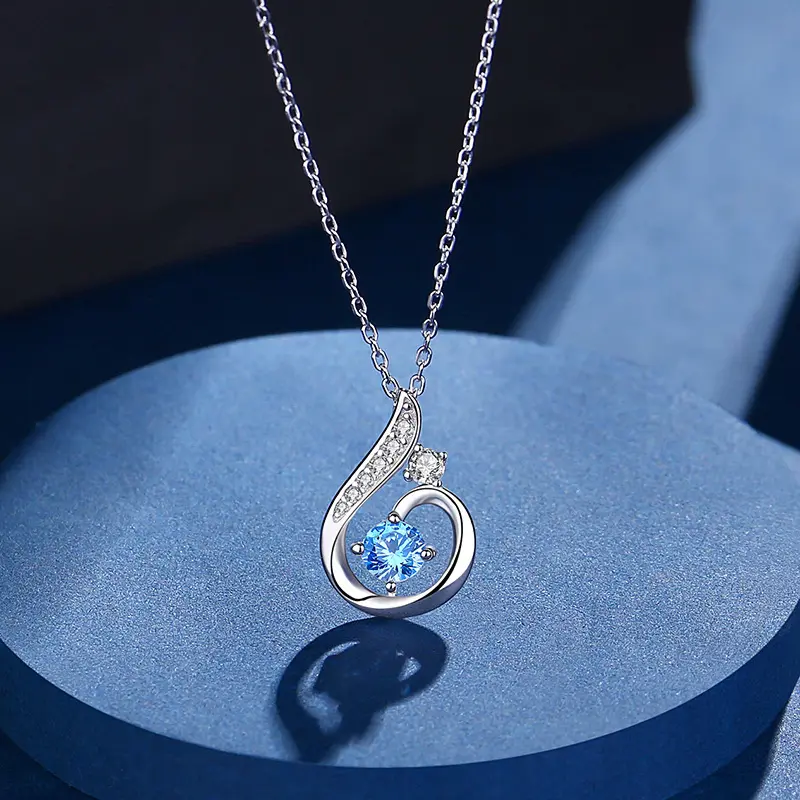 Colar clássico de prata esterlina 925 com pingente de pêra e zircônia azul diamante esculpido em joias finas para mulheres