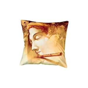 Handmade 16x16 Cotton Cushion Cover Lord Krishna Printed Spiritual Art Accent Pillow for <b>Sofa</b> Bed Square Shape 1 Piece - Product Image 1