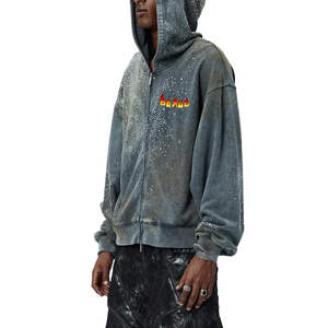 เสื้อฮู้ดผู้ชายทรงหลวมผ้าคอตตอนผสมพลอยเทียมบ็อกซี่ - Product Image 4