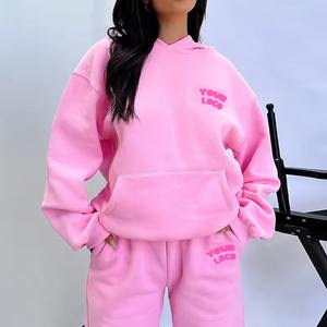 Manufacturers OEM Custom Logo Embroidery Emboss Fleece <b>Pink</b> 3D Puff Print Pullover Oversized <b>Hoodie</b> and Joggers Tracksuit - Product Image 3