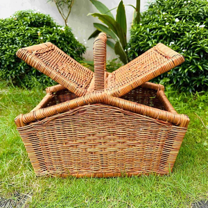 Panier de pique-nique vintage en rotin avec couvercle du Vietnam, grand panier de récolte en osier léger pour un voyage facile - Product Image 3