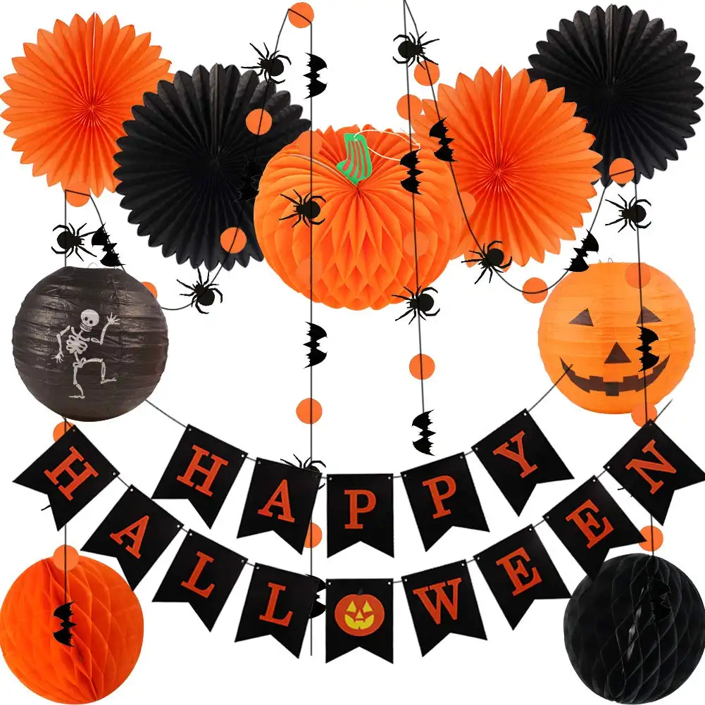 Adorno colgante de Halloween, Pancarta, favores para niños, farolillos de papel, ventiladores de roseta, decoraciones de panal de araña para suministros de fiesta en casa