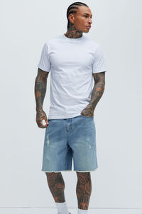 กางเกงขาสั้นผ้ายีนส์แบบลำลองสไตล์ไฮสตรีทสำหรับผู้ชายกางเกงขาสั้นผ้ายีนส์แฟชั่นแบบถักทรงเอไลน์ผ้าหนาทึบสำหรับฤดูร้อนซัก & สวมใส่ - Product Image 3