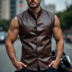 Vêtements d'extérieur sans manches pour hommes en peau de mouton corne bouton Biker gilet en cuir | Vente en gros hommes Streetwear 100% gilets en cuir véritable - Product Image 4