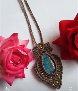 Collier en macramé avec agate dentelle, pierre ronde, réglable, style bohème, fait main, pour femme - Product Image 3