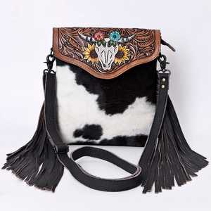 กระเป๋าสะพายข้างของผู้หญิงทำด้วยมือสไตล์โบฮีเมียนหนังวัวแท้มีซิปปิดสไตล์ตะวันตกวินเทจ - Product Image 1