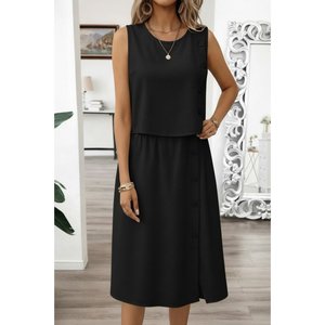 Conjunto de Dos Piezas para Mujer Jane's: Blusa Aerobin sin Mangas con Cuello Redondo y Botones y Falda Midi, Atuendo Elegante e Informal para Verano - Product Image 1