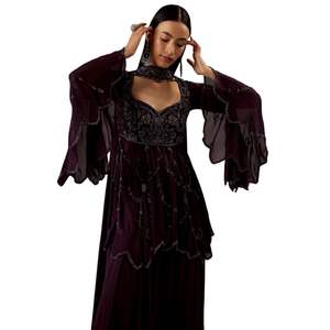 Traje Palazzo de Seda Georgette Morada, Bordado, Diseño Moderno, Alta Calidad, Personalizado OEM, Ropa Étnica para Mujer, para Bodas y Fiestas - Product Image 5