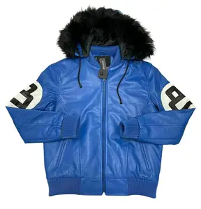 Blue And White 8 Ball Jacket With Fur Hooded Collar Zipper Closure Genuine Soft Lamb Skin Leather Bomber Jacket