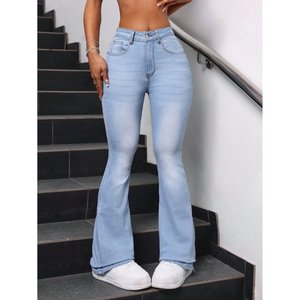 Vaqueros FUNKY de mezclilla lavada azul hielo para mujer, corte holgado, cintura alta, estilo acampanado, elásticos, a la moda, tallas 26 a 40 - Product Image 1