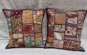 Fundas de Almohada Decorativas con Parches Magnéticos a Rayas Bordados a Mano en Tela Reciclada, Estilo Vintage Kantha Boho para Decoración del Hogar - Product Image 3