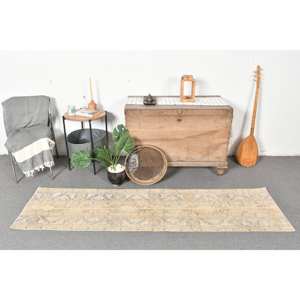 พรมตุรกีวินเทจคลาสสิกสีเบจสีฟ้า1.9 x 7.2ft ทำด้วยมือผ้าขนสัตว์น้ำยางรูปสี่เหลี่ยมสูงนามธรรมเย็บปะติดปะต่อกันสำหรับห้องโถงสำหรับห้องพัก - Product Image 1