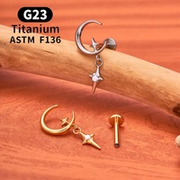 Pendiente de Titanio ASTM F136 con Diseño de Luna y Estrella, Zirconia, Rosca Interna, Parte Trasera Plana, Unisex, para Perforación de Cartílago 16G