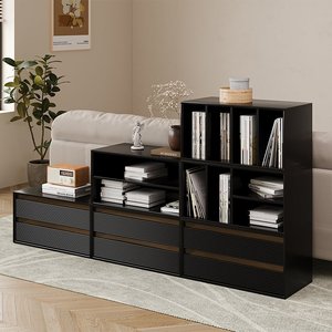 Modern Modular <b>Storage</b> Credenza with Fluted <b>Drawer</b> Fronts, Minimalist Black Accent Cabinet with Open Shelving <b>for</b> Living Room & - Product Image 1
