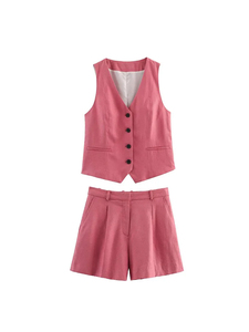 Femmes été lin 2 pièces ensembles 2025 décontracté solide gilets manteaux et shorts femme élégant rue deux costumes vêtements - Product Image 6
