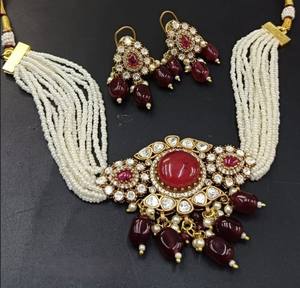 Fashionable Matt Gold Plated Polki Kundan Necklace <b>Set</b> Earrings Stylish <b>Jewellery</b> <b>for</b> <b>Wedding</b> and Anniversary Celebrations - Product Image 3