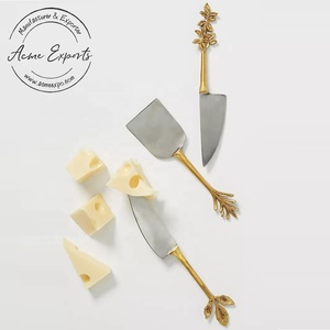 Modern Handcrafted 3pcs Stainless Steel Cheese Knives <b>Set</b> with Gold Finished Leaf Handle Used for Breakfast Hotel Restaurant - Product Image 1