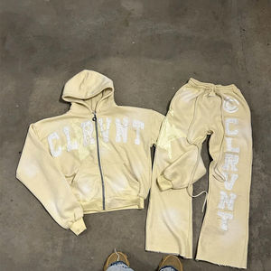 Lujoso chándal vintage con capucha lavada con ácido con un diseño de bordado desgastado Conjunto de joggers con capucha de color sólido - Product Image 3