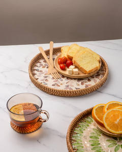 Round Rattan Serving <b>Tray</b> with Mother of Pearl Inlay Hand Woven Mosaic <b>Tray</b> Decorative Wicker Lacquer <b>Tray</b> Food Basket - Product Image 3