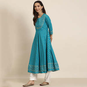 ชุด anarkali kurta พิมพ์ลายดอกไม้ผ้าฝ้ายสีเขียวเป็ดผู้หญิง - Product Image 5