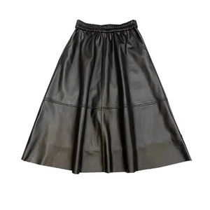 Haute qualité à la mode en cuir de mouton véritable solide noir longue jupe douce d'hiver respirante - Product Image 5