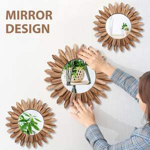 3 Pcs Miroir décoratif mural Boho 16.9 pouces 11.8 pouces Miroir mural Sunburst Miroir rond Boho avec cadre en bois rustique - Product Image 5