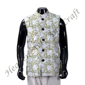 Veste d'hiver matelassée Boho en coton indien fait à la main pour hommes sans manches deux poches avant bloc imprimé - Product Image 5