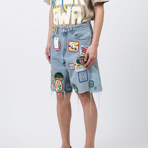 Pantalones Cortos de Mezclilla para Hombre, Talla Grande, Lavado Medio, Corte Regular, Transpirables, Estilo Urbano, Verano, Cuadros, Algodón/Poliéster, con Parches - Product Image 2