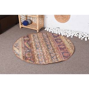 Tapis Vintage Turc Style Bohème Beige Bleu Patchwork Design 3.8x3.8 pieds Laine avec Support en Latex pour Entrée ou Chevet - Product Image 3