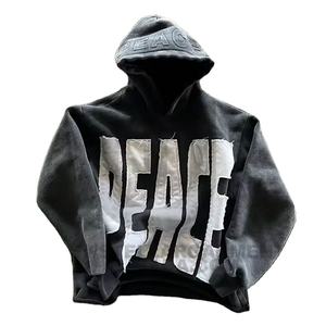 Streetwear graphique éponge française lavé patch personnalisé broderie sweats à capuche recadrée Patchwork en détresse brodé pull à capuche - Product Image 1