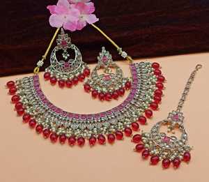 New Design Gold Plated Traditional <b>Drop</b> <b>Pearl</b> & Stone Studded Earring Mangtika Choker <b>Necklace</b> Set & Jewellery Set for Women - Product Image 3