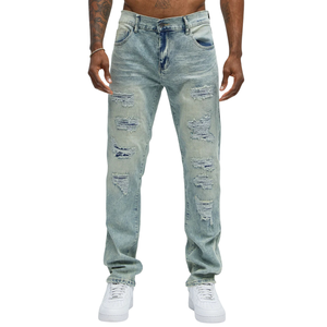 <b>Men's</b> High Quality Light Blue Distressed Denim Straight-leg <b>Jeans</b> Breathable Quick Dry Mid Ripped Casual Enzyme Washed 100% - Product Image 1