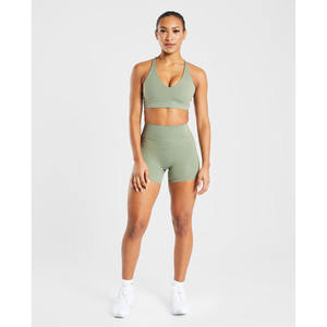 สปอร์ตบราออกกำลังกายสีเขียวมะกอกกำหนดเองสายรัดด้านหลังปรับได้คอวีสร้างผลกระทบสูง - Product Image 3