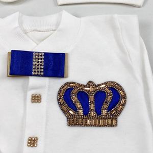 Tela de algodón 100% de alta calidad, tejido de punto personalizado de manga larga, Burbuja de bambú, 4 piezas, conjunto de Pelele de bebé azul y dorado - Product Image 3