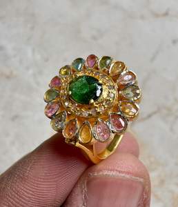 Natural Multi Tourmaline Gemstone with Diamond <b>Vintage</b> Flower Design 925 Sterling Silver <b>Gold</b> Plated Cocktail <b>Ring</b> - Product Image 2