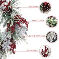 Desain Baru 24 inci 60CM Karangan Bunga Natal Buatan Dekoratif Berlapis Embun, Karangan Bunga Pinus Bersalju Putih & Buah Berry untuk Dekorasi Pintu