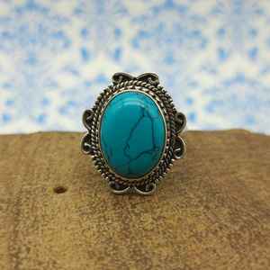 Anillo bohemio de Plata de Ley 925 para mujer, howlita turquesa, corte ovalado, diamante, patrón de ojos bohemios, joyería para bodas - Product Image 4