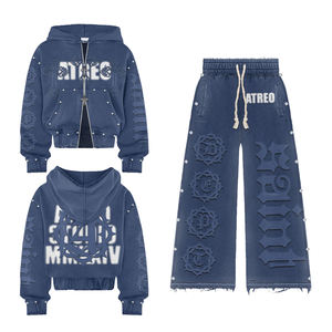 Streetwear personnalisé sweat à capuche zippé pour hommes en détresse lavage à l'acide lourd strass pantalon de survêtement et ensemble de sweat à capuche - Product Image 2