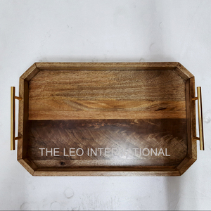 Plateau rond en bois de manguier brun poli avec 2 poignées pour servir des aliments, des collations, des verres à eau, plateau décoratif - Product Image 2