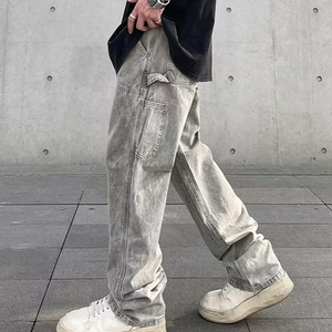 Salopette droite patchwork style Y2K pour homme, tenue de travail décontractée, gris délavé, grande taille, jean moyen - Product Image 3