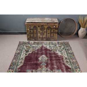Tapis turc vintage, tapis de sol 4,4x7,9 pieds, tapis en laine à carreaux rouge et vert - Product Image 4