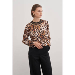 Blusa de punto con estampado de leopardo marrón para mujer, moda coreana, top informal de media manga - Product Image 3