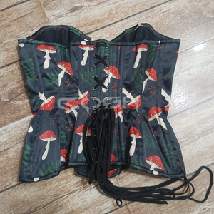 Corset surbuste personnalisé en satin noir à imprimé champignons, avec baleines en acier, amincissant la taille, pour la mode et les soirées - Product Image 3