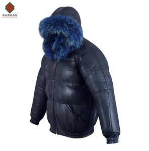Handmade Men's Casual Navy Goose Style V-Bomber <b>Jacket</b> with Detachable Faux <b>Fur</b> <b>Hood</b> Zipper Closure Winter Fall Gift <b>for</b> Him - Product Image 4