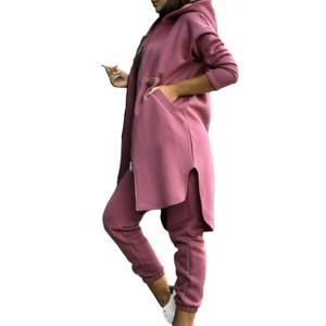 Respirant femmes costume femmes manteau à capuche pantalon ensemble avec irrégulière à manches longues polaire survêtement taille élastique - Product Image 4