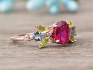 Anillo de Rubí, peridoto y aguamarina Anillo de piedras preciosas múltiples Anillo de Plata de Ley 925 de rubí cultivado en laboratorio de forma ovalada Hecho a mano en la India - Product Image 4