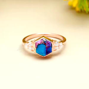 <b>Copper</b> Turquoise Stone Bezel Setting Rose Gold Plated 925 Sterling Silver Classic Design Ring - Product Image 2